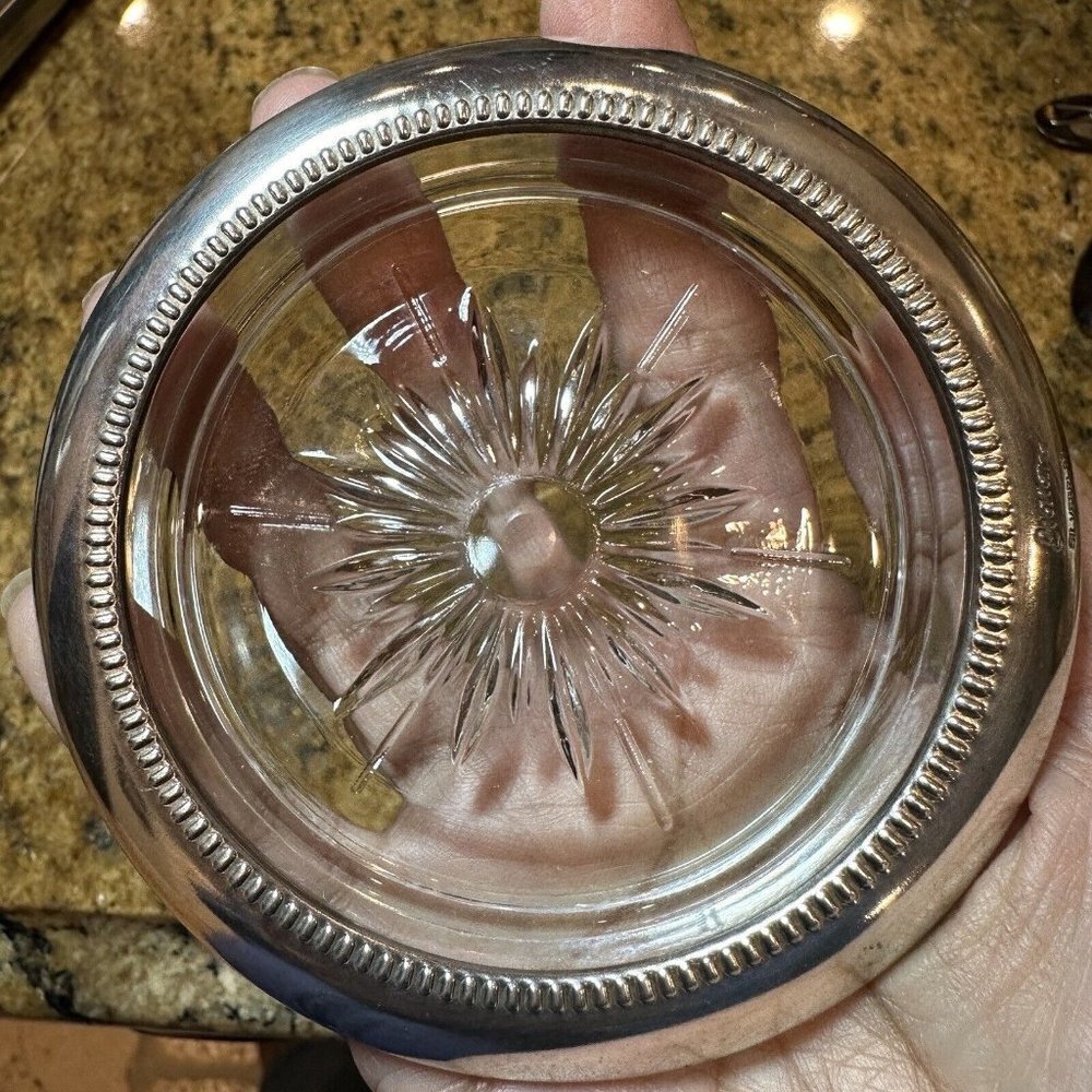 VTG Leonard‎ Coaster 3.5 Inch Silver Plated Rim Silver Starburst Cut Glass Italy
